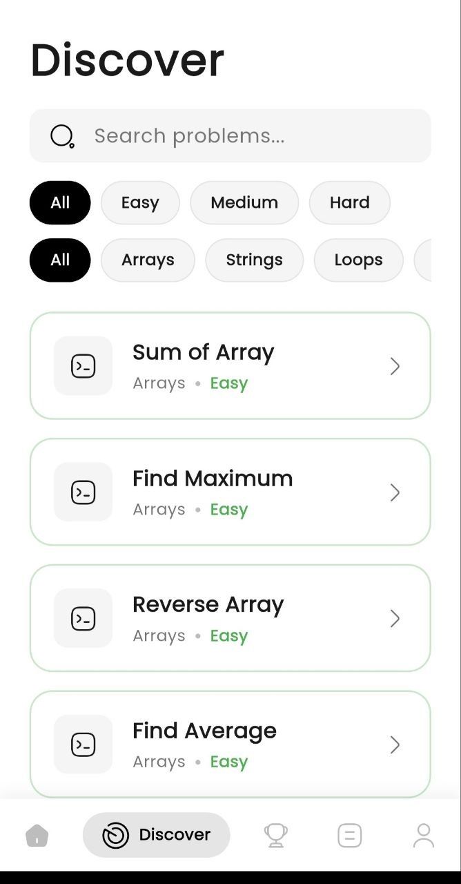 CodeMaster discover screen for browsing exercises