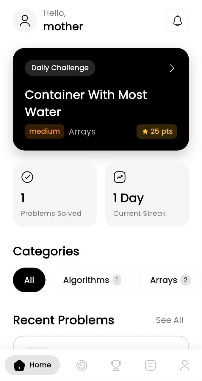 CodeMaster home screen with coding challenges